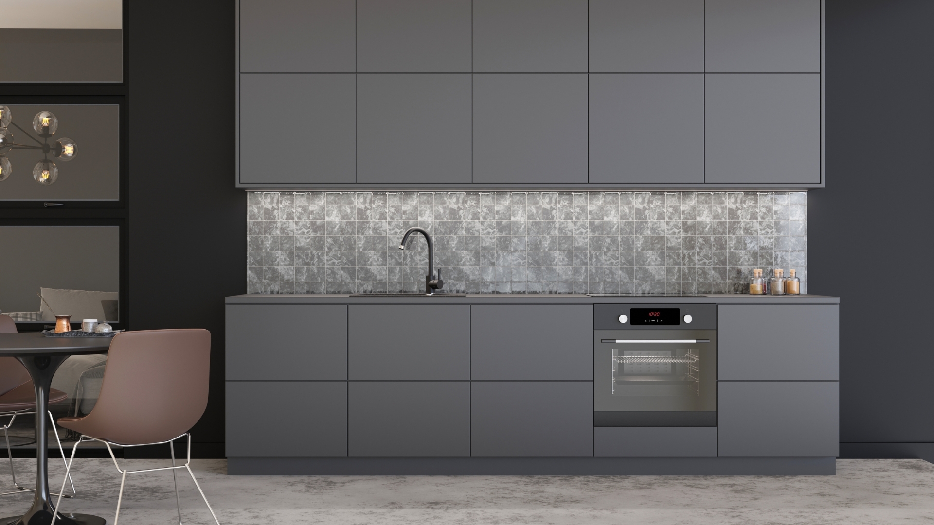 Cocina minimalista Moncloa 2025 - Líneas puras con acabados en blanco y negro, isla central funcional